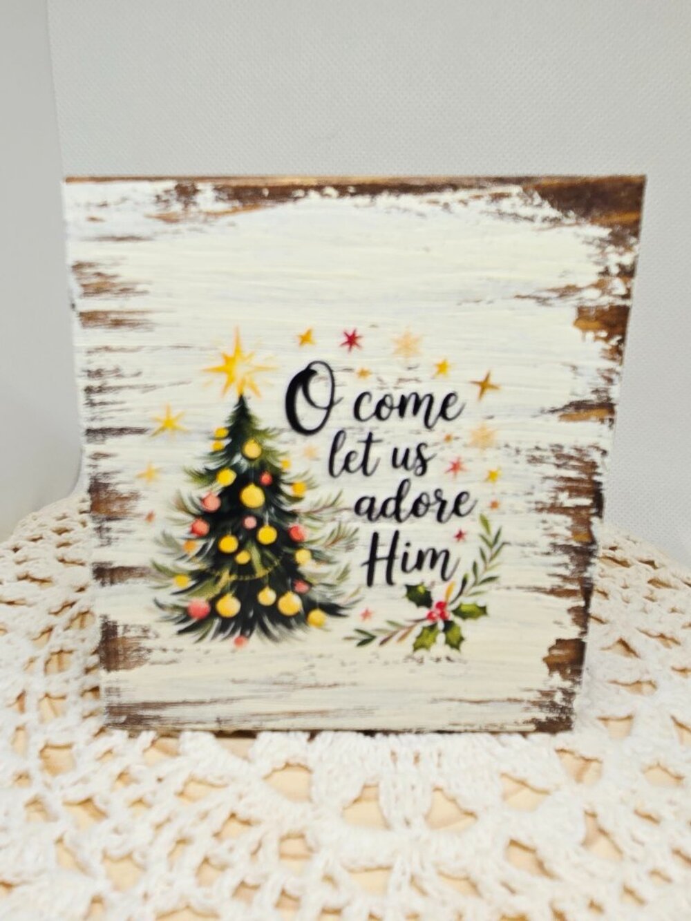 Handcrafted Christmas Shelf Sitter, Tiered Tray Decor "O Come Let Us Adore Him"